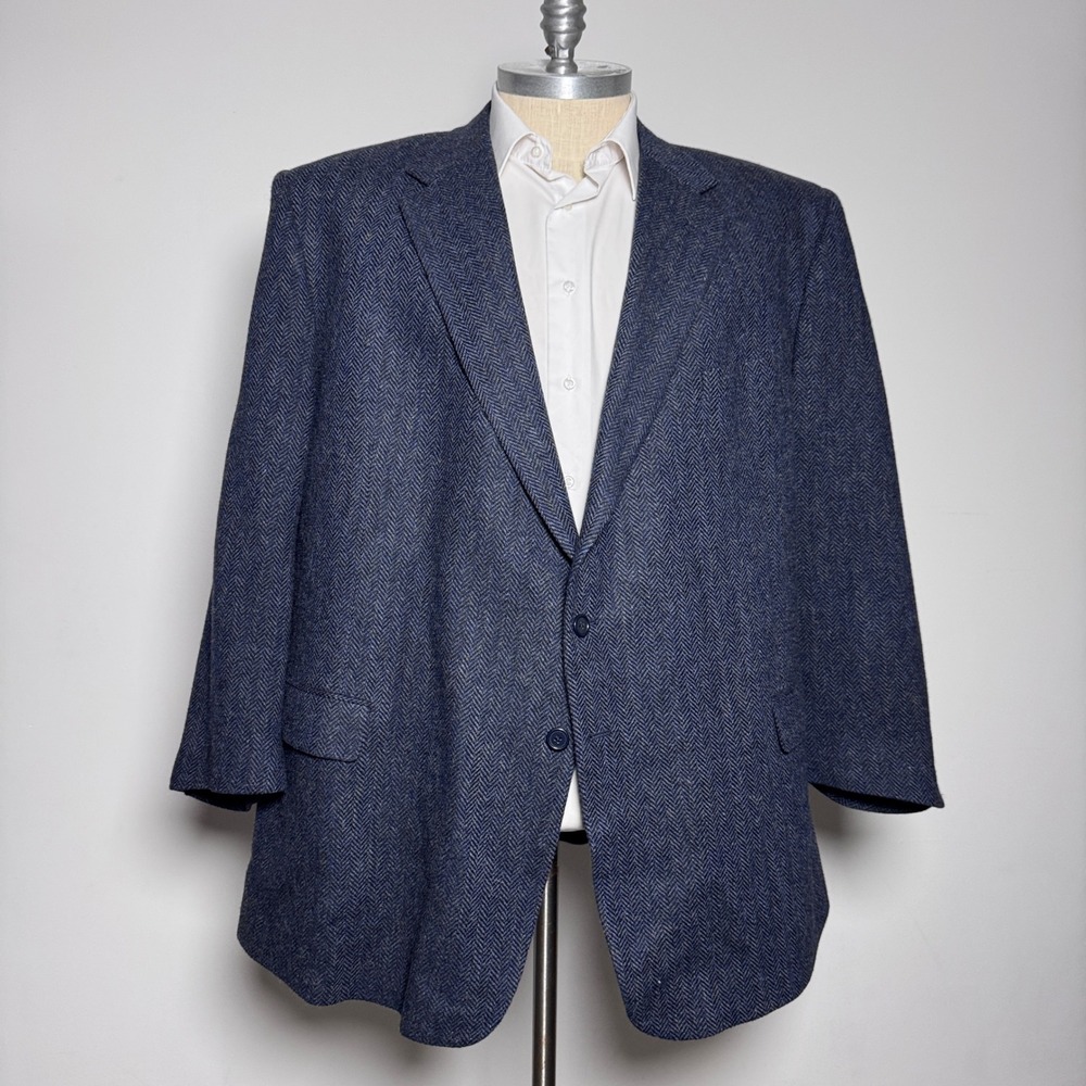 Tallia Uomo Blazer Mens 56 Long Blue Herringbone Wool 2 Button Sport Coat Italy